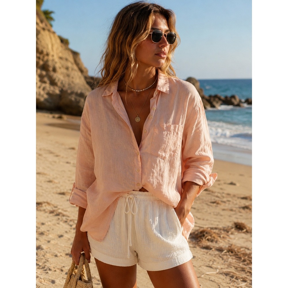 GAP M Medium Shirt Boyfriend Fit 100% Linen Long Sleeve Pink Dust Beachy Resort